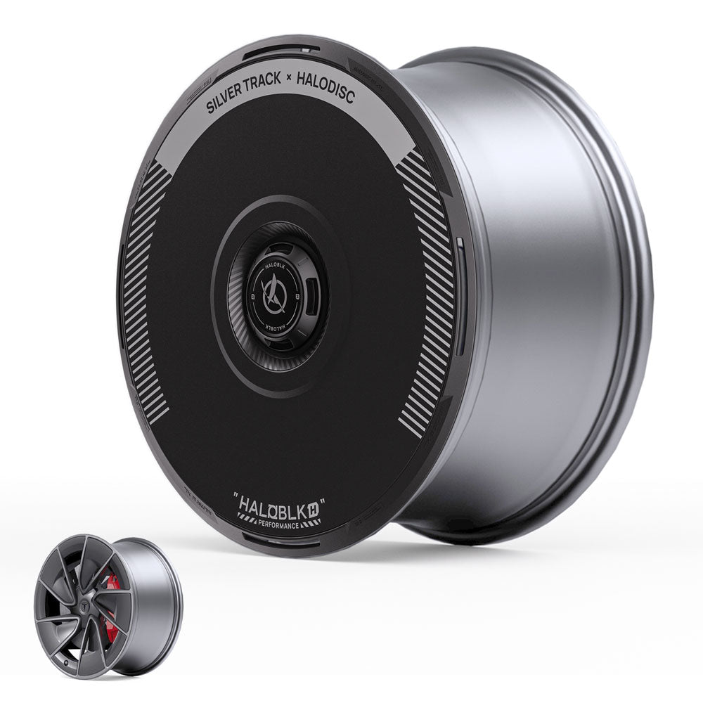 A large matte silver Tesla Model 3 Highland 20" Warp Wheel fitted with HALODISC 2 Silver Track cover from HALOBLK Store; the cover features SILVER TRACK × HALODISC and HALOBLK. Inset shows the wheel’s spoke design without the cover.