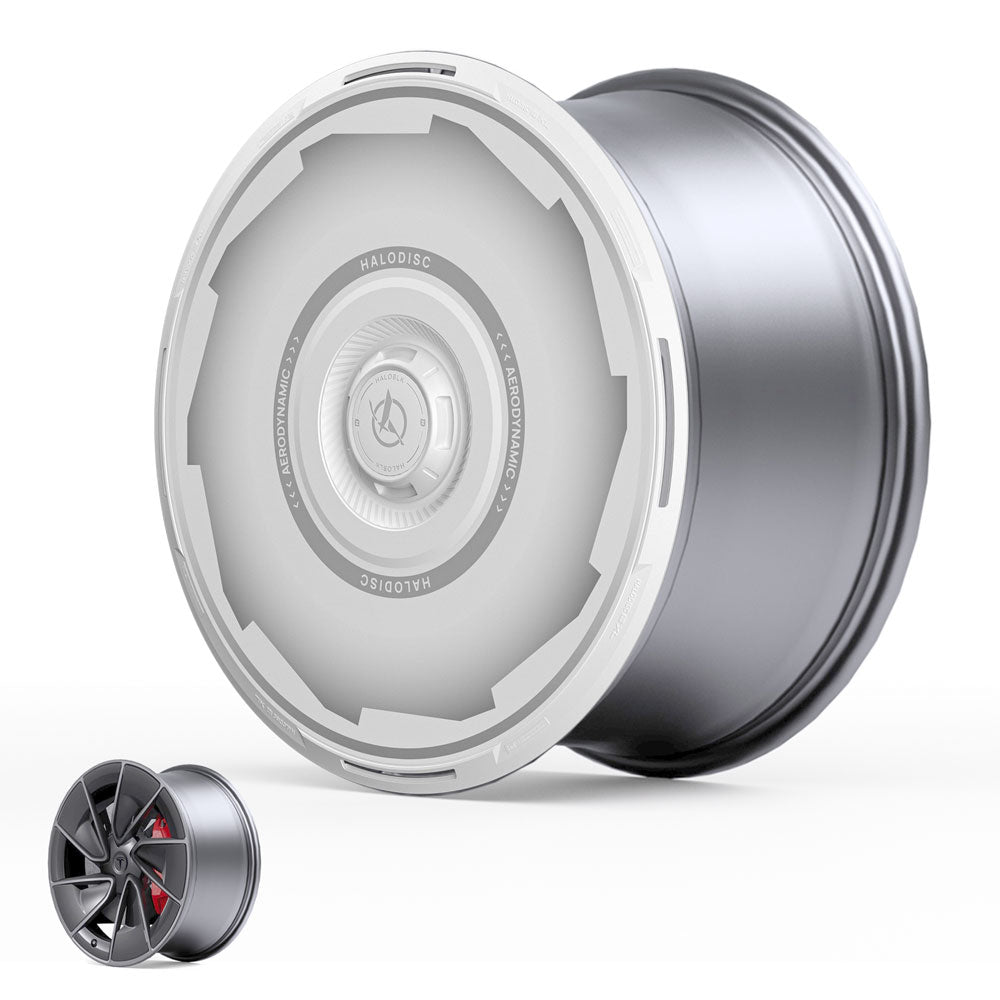 The HALODISC 2 Wheel Covers for Tesla Model 3 Highland 20" Warp Wheels by HALOBLK Store are shown: a large, smooth, silver cover beside a smaller traditional spoked wheel, both set against a white background.