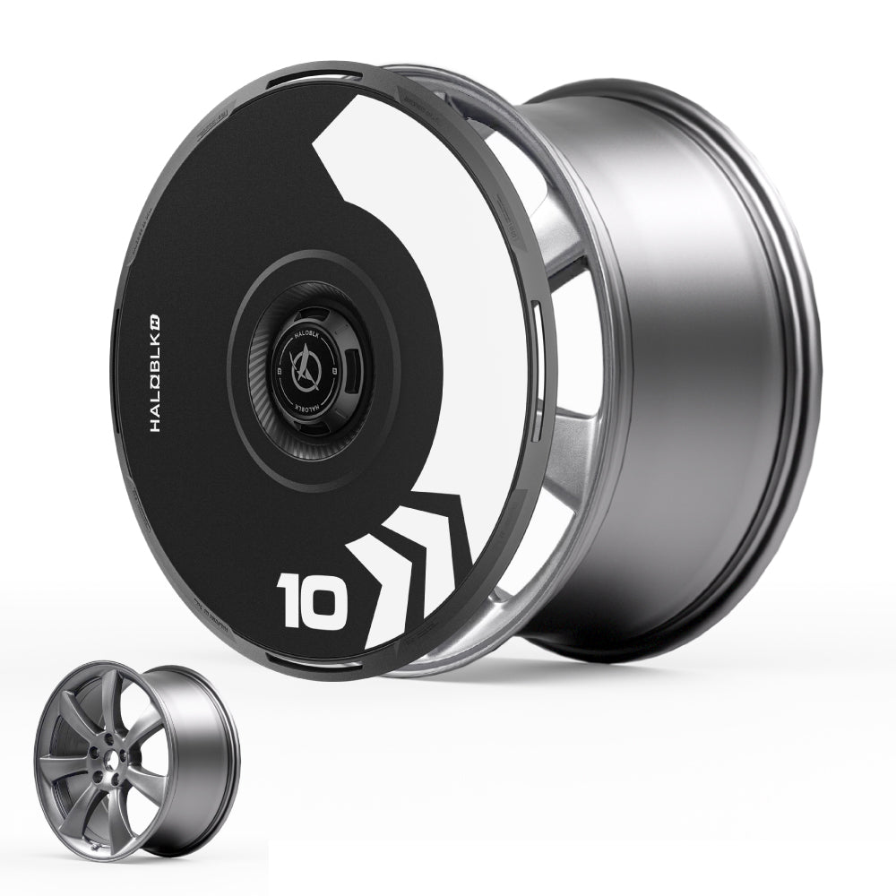 The HALODISC 2 Wheel Covers from HALOBLK Store, made for Tesla Model 3 2017-2018 19" Performance Wheels, feature an aerodynamic black and white Arrow design with the number 10 over a sleek metallic rim, plus a smaller image of a standard alloy wheel.