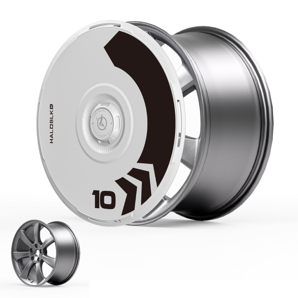 A large, sleek HALODISC 2 Arrow wheel cover by HALOBLK Store, designed for Tesla Model 3 2017-2018 19" Performance wheels, is displayed next to a smaller five-spoke alloy wheel on a white background.