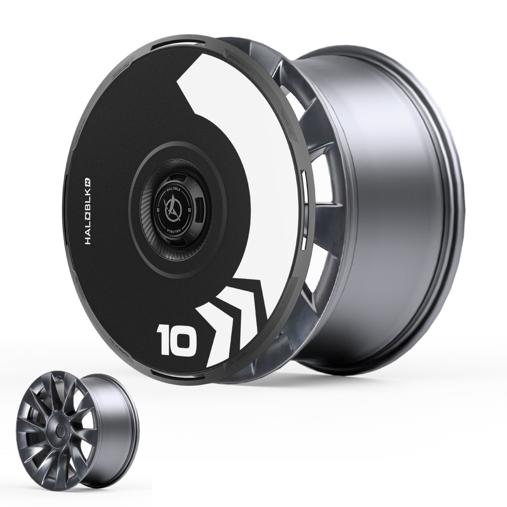 The HALOBLK Store's HALODISC 2 Wheel Covers for Tesla Model Y 20" Induction Wheels (Arrow) feature a black and white geometric design with angular, aerodynamic details, shown in large and small views on a white background.