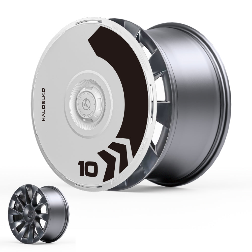 Two custom wheel covers from HALOBLK Store are shown: the larger features a white face with black arrow patterns, the number 10, and "HALOBLKT10"; the smaller has an open-spoke design for Tesla Model Y 20" Induction Wheels.