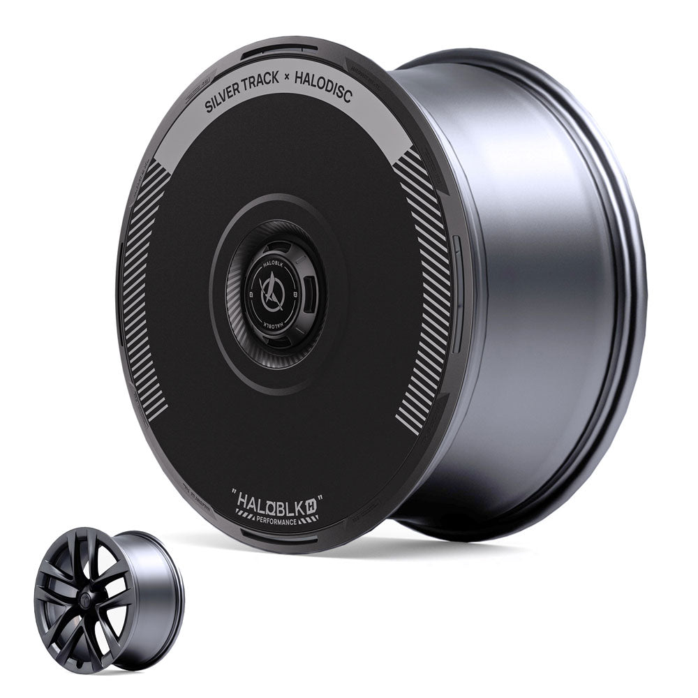 A matte black HALODISC 2 Wheel Cover for Tesla Model S 21" Arachnid Wheels (Silver Track) by HALOBLK Store, with a smooth covered face, is shown beside a standard exposed-spoke rim for comparison.