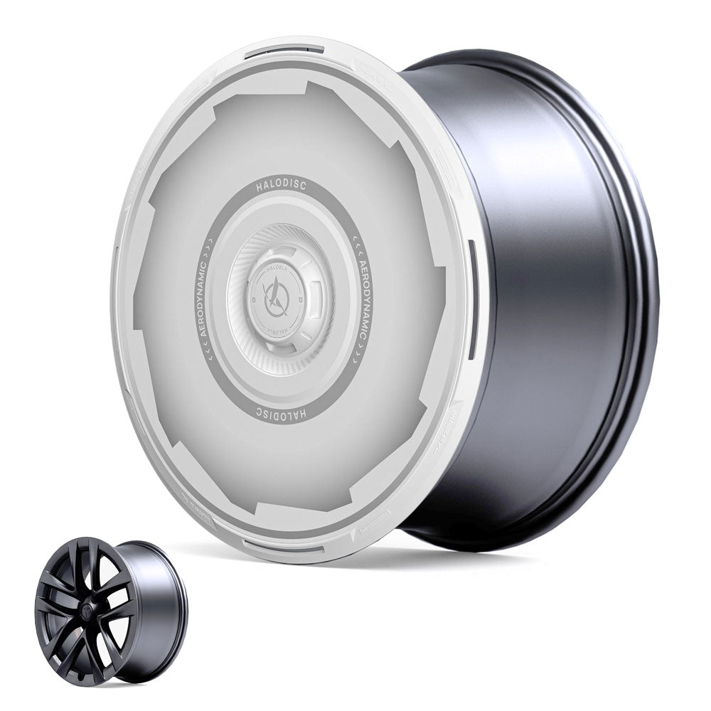 The HALODISC 2 Wheel Covers for Tesla Model S 21" Arachnid Wheels by HALOBLK Store feature a sleek, futuristic white disc design, displayed beside a traditional black multi-spoke rim for comparison, both set against a plain white background.