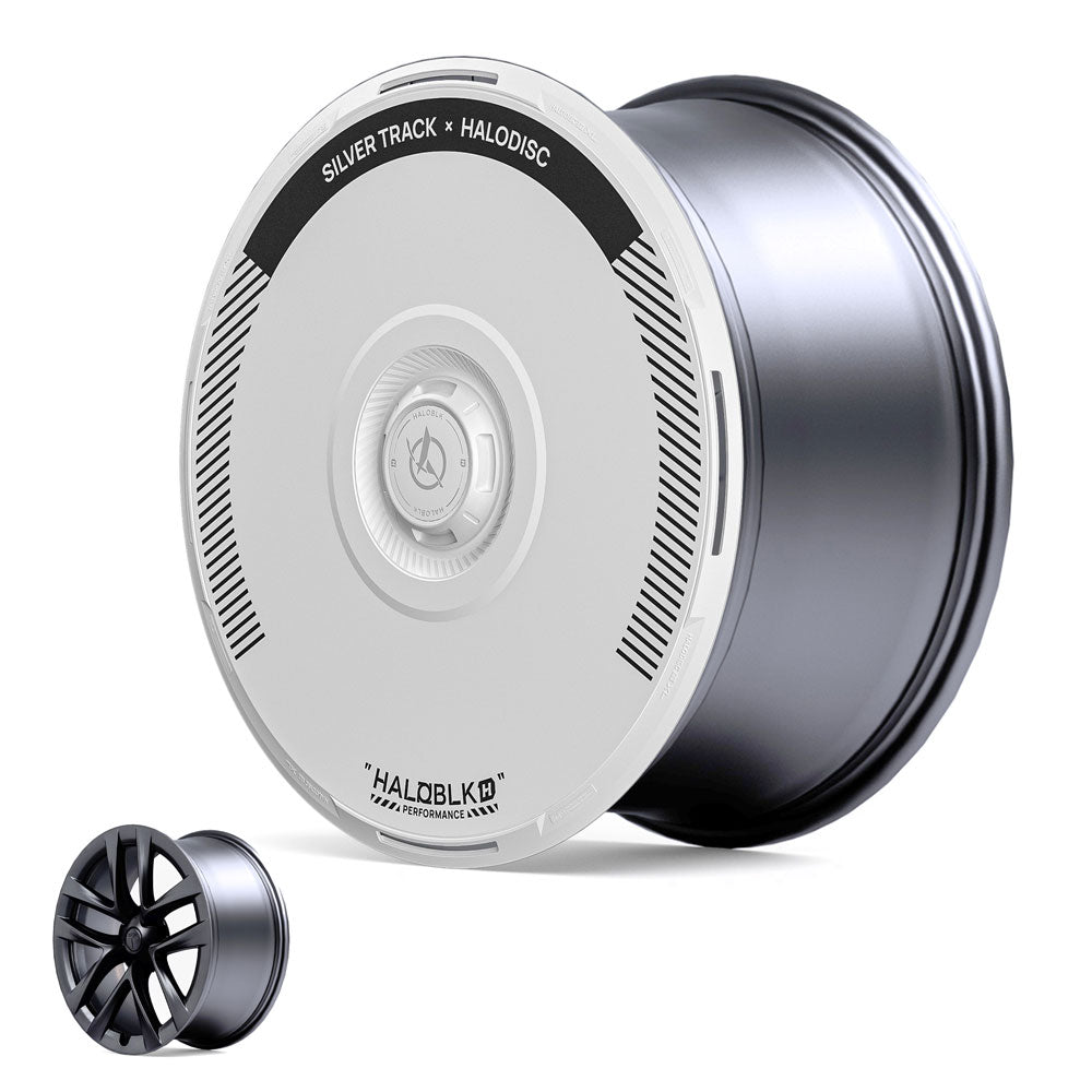 A sleek black and silver HALODISC 2 wheel cover for Tesla Model S 21" Arachnid Wheels, labeled Silver Track × HALODISC and HALOBLK Store. A smaller image shows the wheel rim without the cover for comparison.