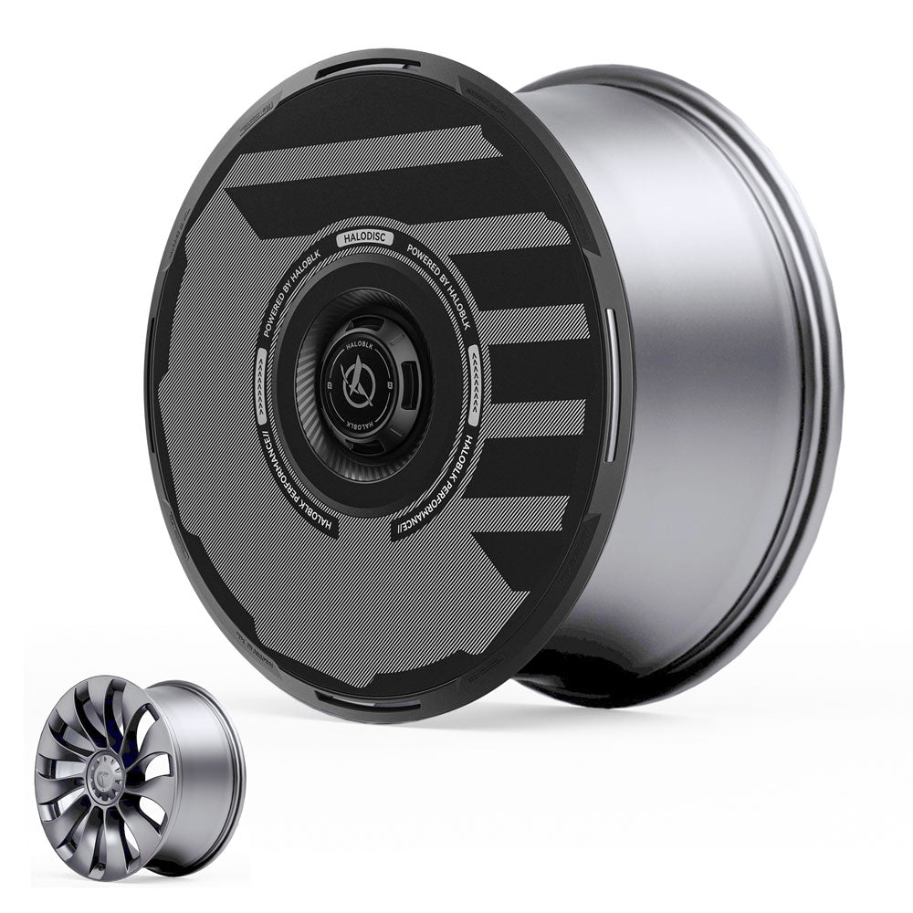 The HALODISC 2 Wheel Covers for Tesla Model Y 21" Überturbine Wheels by HALOBLK Store feature a sleek, futuristic closed hubcap with geometric patterns and a traditional multi-spoke style, both displayed against a white background.