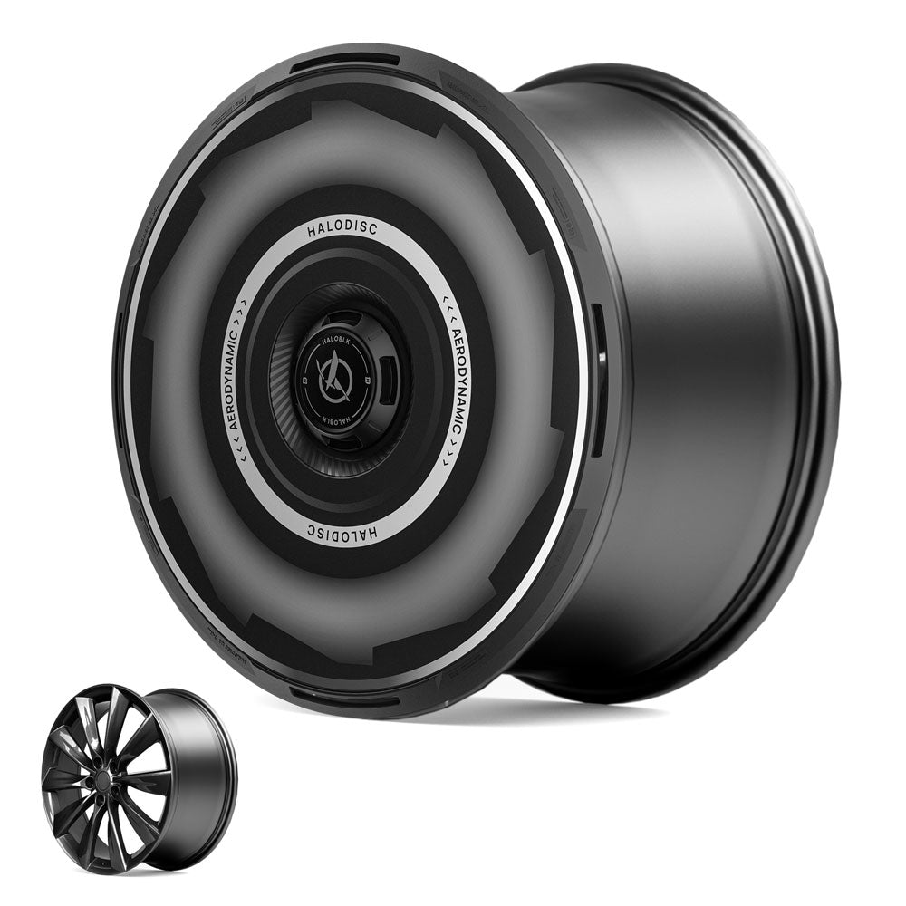 A sleek black HALODISC 2 wheel cover by HALOBLK Store fits Tesla Model S 21" Turbine Wheels, featuring a unique aerodynamic design. An inset shows a standard multi-spoke rim for comparison. Vision-GT model shown.