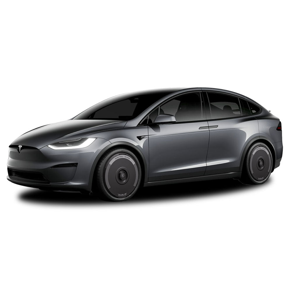A Tesla Model X (2021-2025) with 20" Cyberstream wheels is shown from the front right, fitted with HALODISC 2 Silver Track wheel covers by HALOBLK Store, highlighting the sleek wheel design on a white background.