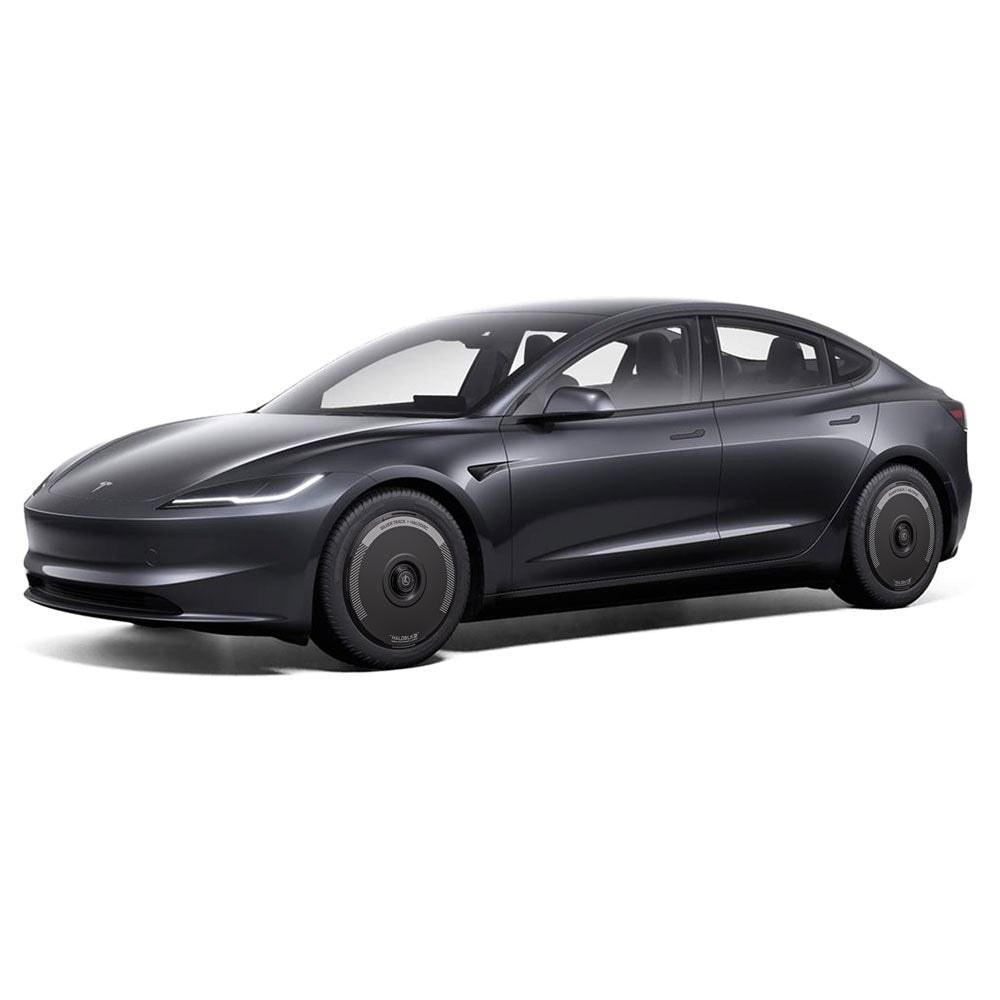 A Tesla Model 3 Highland with 20" Warp Wheels is shown from the front left, equipped with HALODISC 2 Silver Track Wheel Covers by HALOBLK Store, highlighting its sleek lines and modern design against a white background.