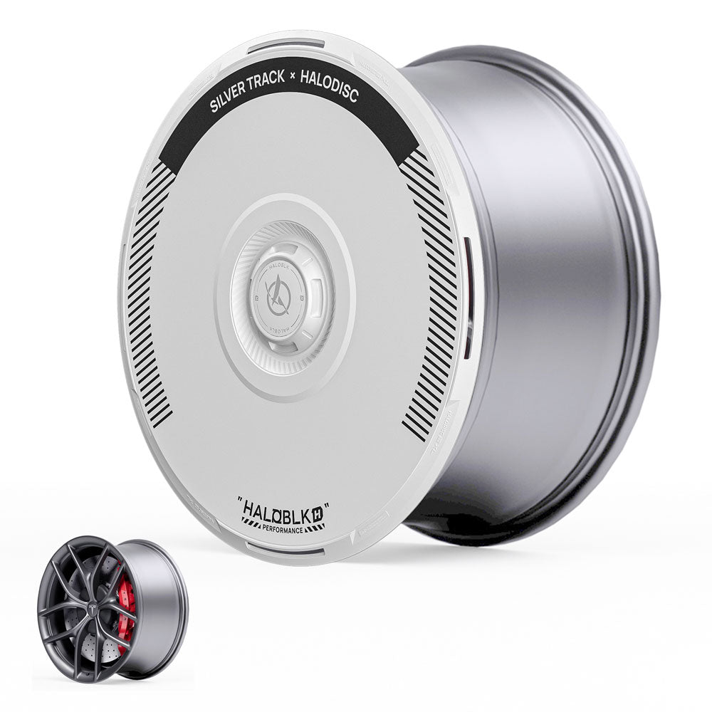 A silver Tesla Model 3 19" Zero-G wheel rim with a white HALODISC 2 cover labeled "SILVER TRACK x HALODISC" by HALOBLK Store; inset shows the uncovered multi-spoke design. Compatible with Model 3 (2019-2023).