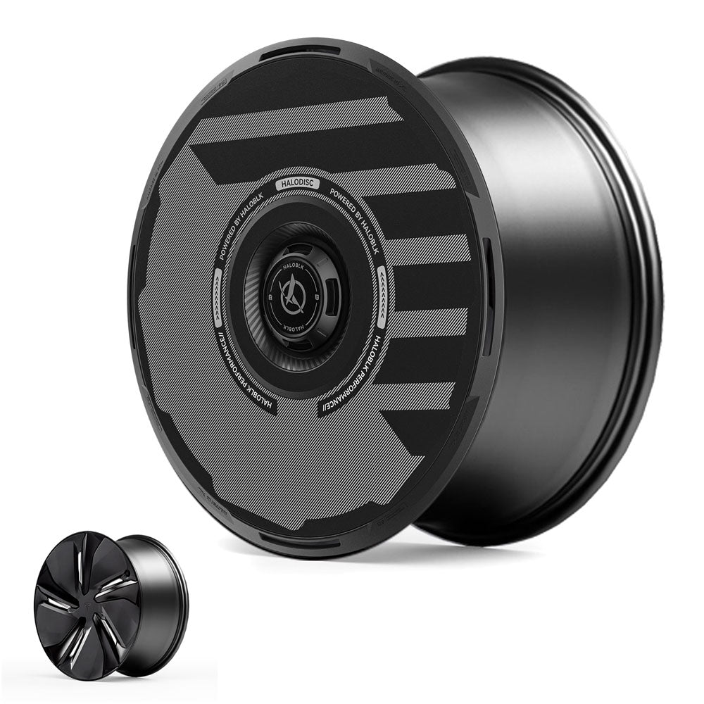 The HALODISC 2 Wheel Covers for Tesla Model Y Juniper 19" Crossflow Wheels by HALOBLK Store are showcased, featuring a black geometric-patterned center. An inset at the bottom left displays an alternate cover design on the same rim.