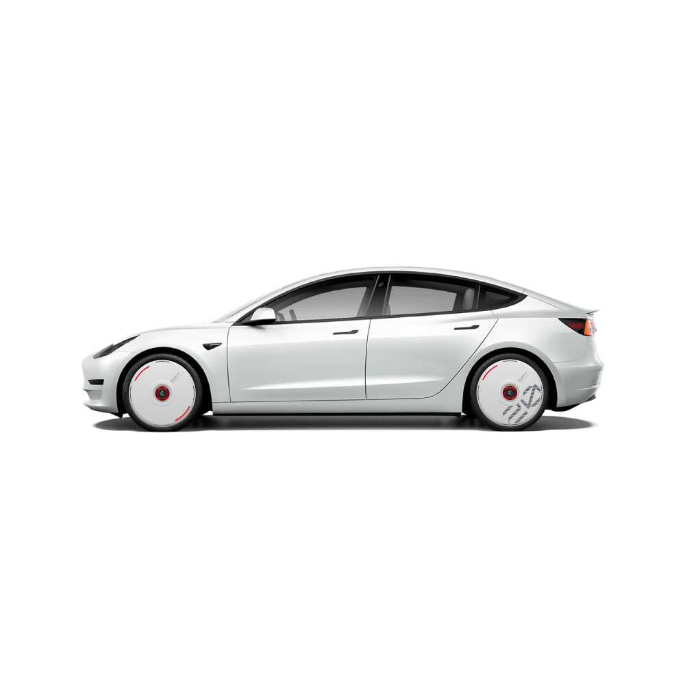 A white Tesla Model 3 is shown in profile against a plain background, featuring HALOBLK Store’s HALODISC 2 Wheel Covers for Tesla in white with custom numbers and red accents.