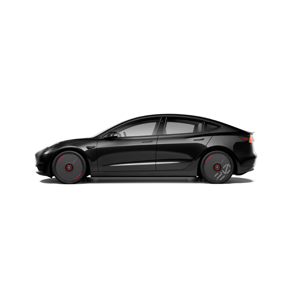 The HALODISC 2 Wheel Covers for Tesla by HALOBLK Store, in black with custom numbers and red accents, are showcased on a sleek electric sedan with tinted windows, viewed from the side against a plain white background.