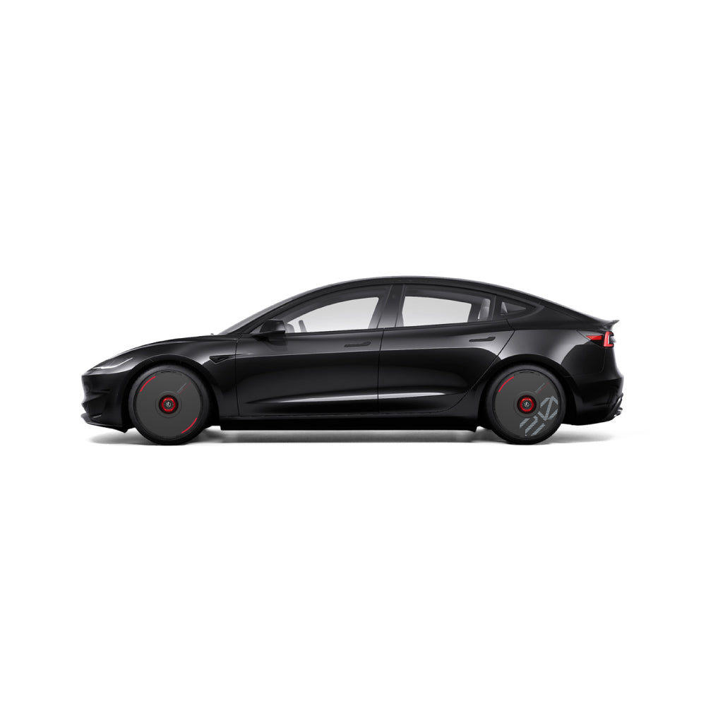 Side view of a sleek, black electric sedan with tinted windows, featuring HALODISC 2 Wheel Covers for Tesla in Black by HALOBLK Store with custom number red accents, isolated on a white background.