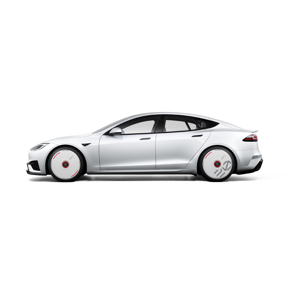 A side view of a white Tesla Model S featuring HALODISC 2 Wheel Covers for Tesla (Custom Numbers-White) by HALOBLK Store, showcasing distinctive aerodynamic wheels and a sleek design on a plain white background.