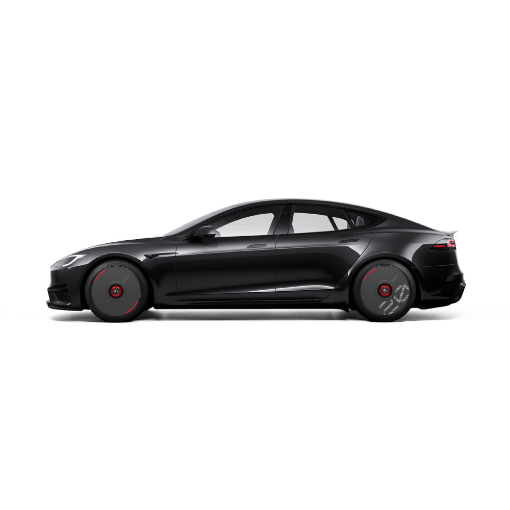 A sleek black electric sedan, viewed from the side, features HALODISC 2 Wheel Covers for Tesla by HALOBLK Store—customizable, with striking red accents and a modern aerodynamic design.