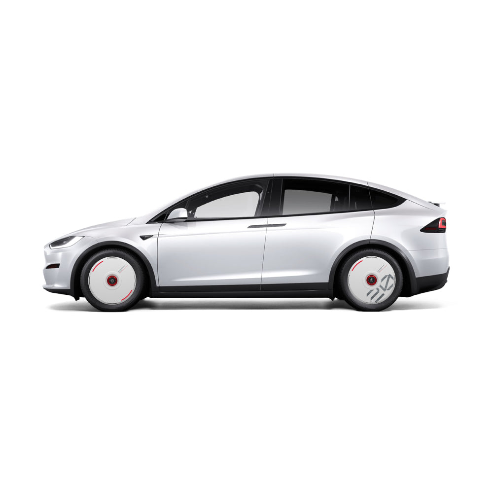 A white Tesla Model X with HALODISC 2 Wheel Covers by HALOBLK Store, featuring custom numbers and aerodynamic white covers on all wheels, is shown from the side against a white background.