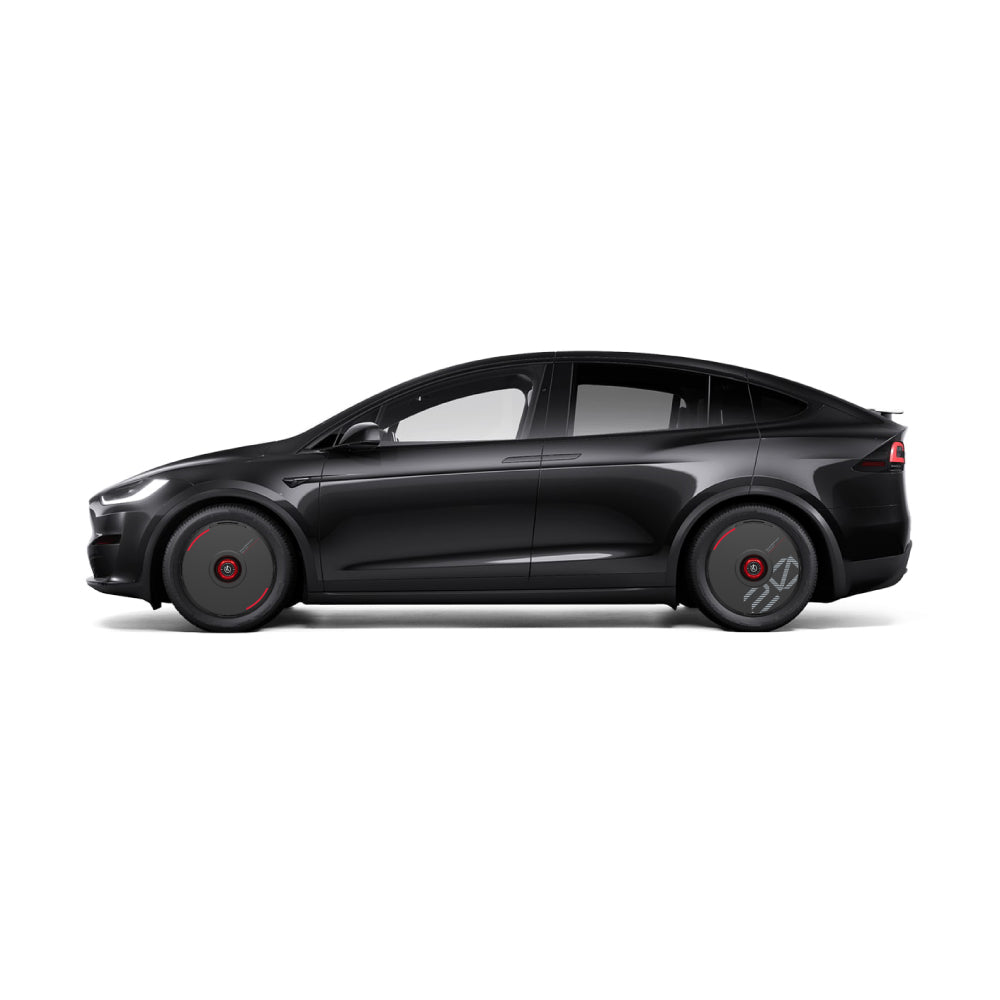 Custom black HALODISC 2 Wheel Covers for Tesla from the HALOBLK Store, shown on a Tesla Model X SUV with tinted windows and black wheels featuring red accents, viewed from the side against a white background.