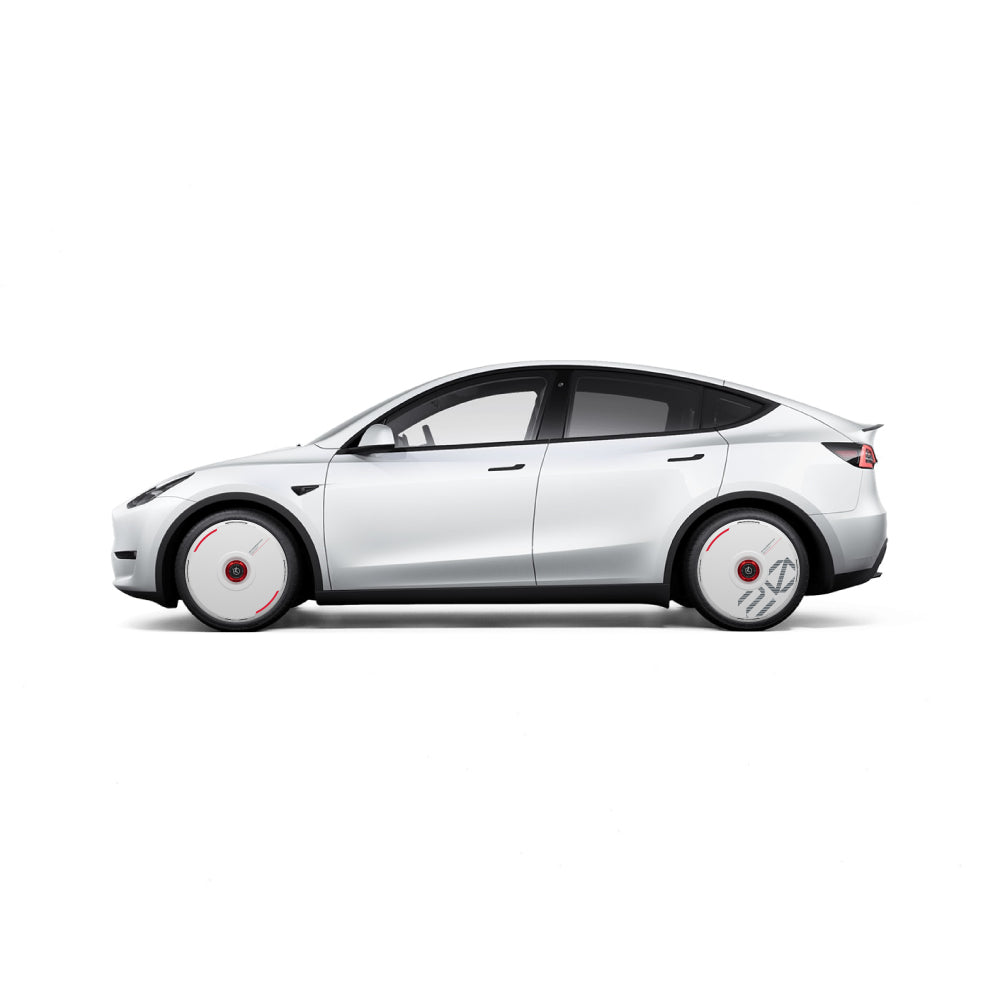 Side view of a white Tesla Model Y with HALODISC 2 Wheel Covers for Tesla from HALOBLK Store, showing custom white geometric pattern on the rear wheel and a simpler design on the front against a plain white background.