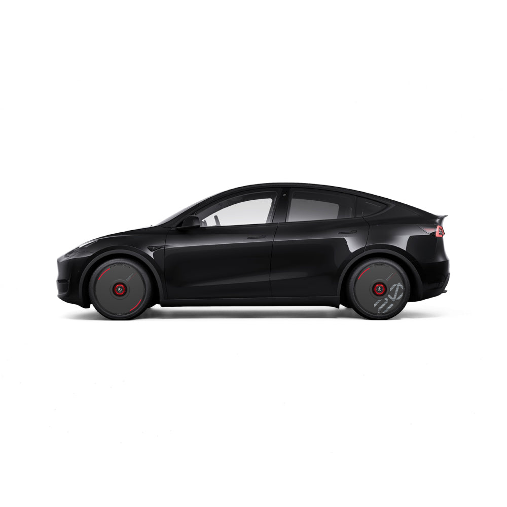 A side view of a sleek black electric SUV with HALODISC 2 Black Wheel Covers by HALOBLK Store, featuring custom numbers and red accents set against a plain white background.
