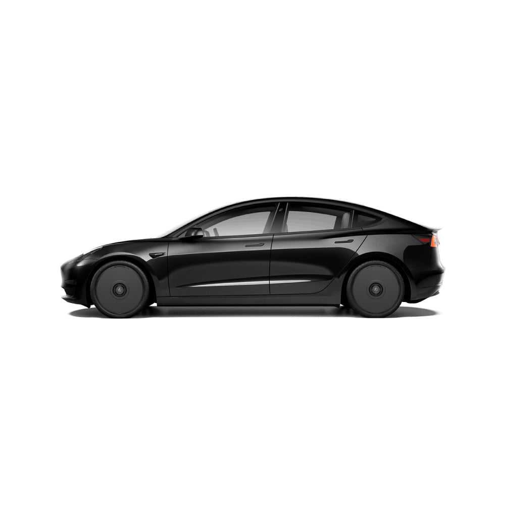 Side view of a Tesla Model 3 (2019-2023) with sleek black HALODISC 2 Wheel Covers (19" Zero-G) by HALOBLK Store, tinted windows, and aerodynamic design, set against a plain white background.