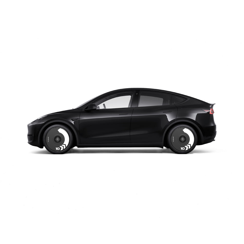 A black Tesla Model Y with 19" Gemini Wheels is shown in side profile on a white background, featuring HALODISC 2 Arrow Wheel Covers from the HALOBLK Store for a sleek, modern look.