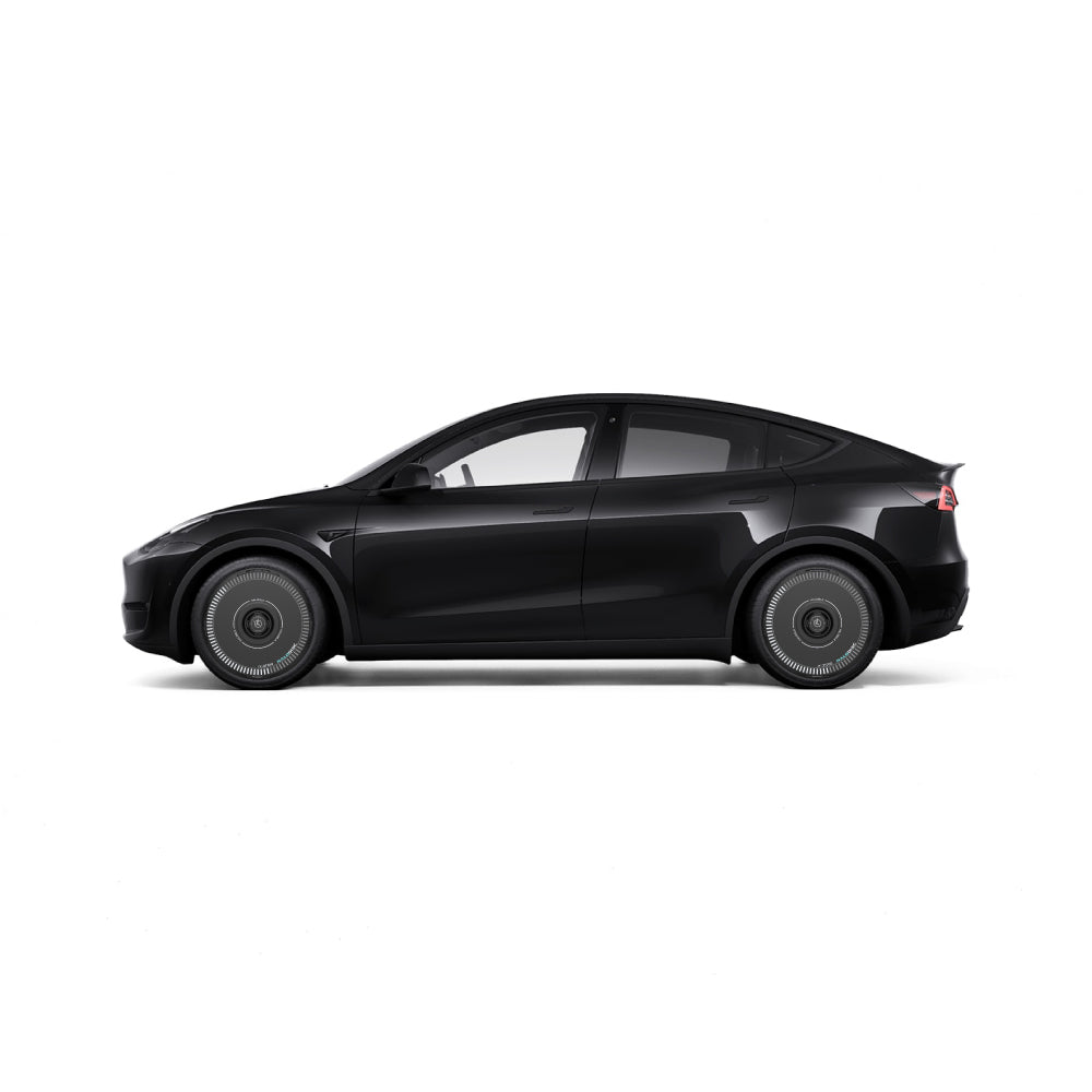 The HALODISC 2 Wheel Covers for Tesla Model Y 20" Induction Wheels by HALOBLK Store are displayed on a black Tesla Model Y, shown in a side view against a white background.