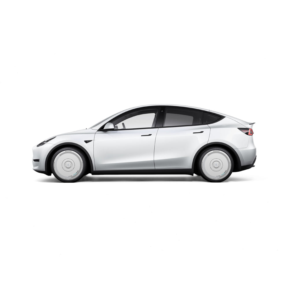 Side view of a white Tesla Model Y electric SUV with HALODISC 2 Wheel Covers for 20" Induction Wheels by HALOBLK Store, featuring a sleek design, tinted windows, and minimalist wheel covers on a plain white background.