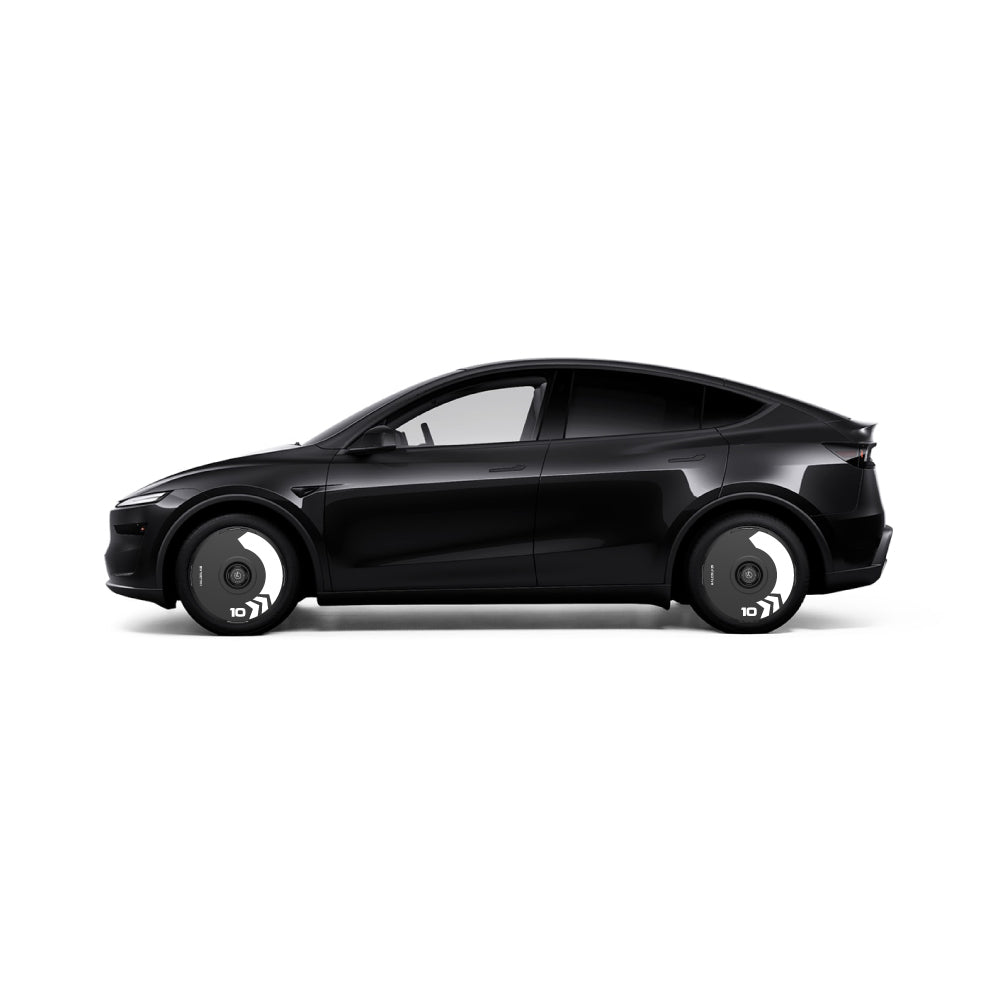 Side view of HALODISC 2 Wheel Covers for Tesla Model Y Juniper 19" Crossflow Wheels丨Arrow by HALOBLK Store, shown on a sleek black Model Y with tinted windows and a modern aerodynamic look, set against a white background.