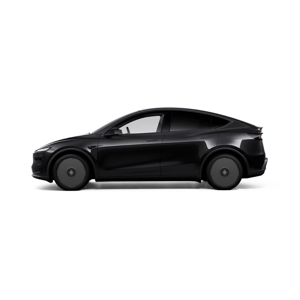 The HALODISC 2 Wheel Covers for Tesla Model Y Juniper 19" Crossflow Wheels by HALOBLK Store are displayed in a side profile view on a Tesla Model Y against a plain white background.