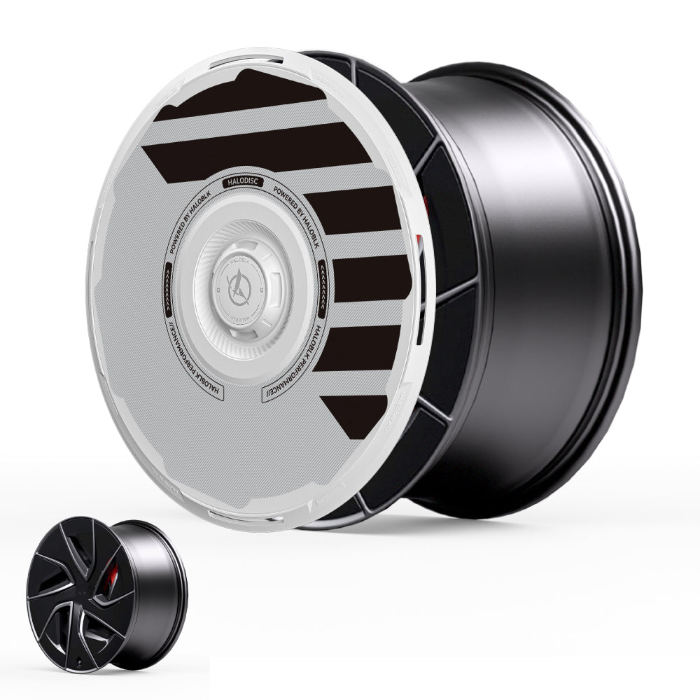 HALOBLK Store's HALODISC 2 Wheel Covers for Tesla Model S 19" Magnetite Wheels feature black alloy design with a bold geometric center cap. Inset image displays the wheel cover without the cap, all set against a white background.