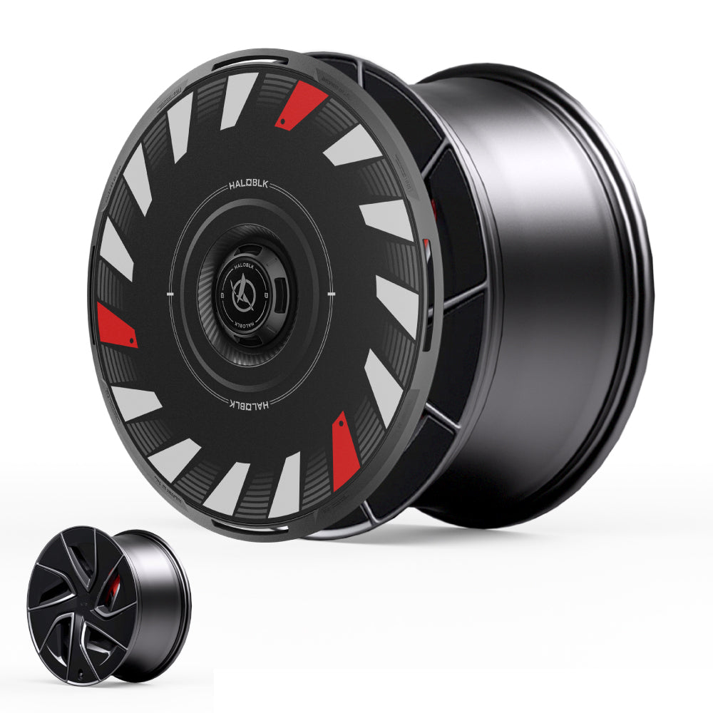 The HALODISC 2 Wheel Covers by HALOBLK Store for Tesla Model S 19" Magnetite Wheels feature a futuristic black design with white and red geometric accents; an inset shows the sleek five-spoke wheel without the cover.
