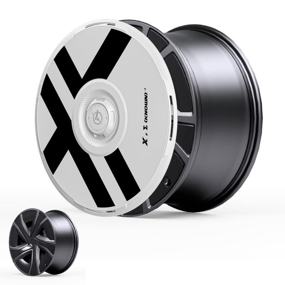 The HALODISC 2 Wheel Covers for Tesla Model X (2021-2025) by HALOBLK Store feature a bold black X design on a white cover, with "X1 ENGROUND" text, and include an image of a smaller plain black rim in the lower left corner.