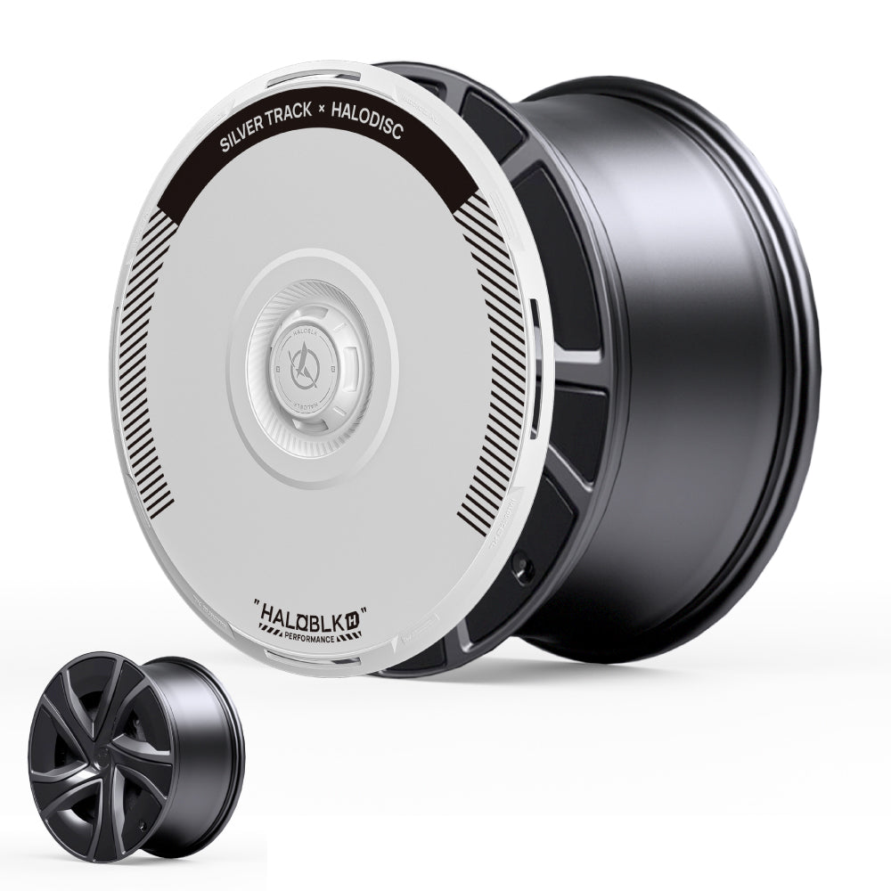 A black Tesla Model X 20" Perihelix wheel rim is shown with a large round white HALODISC 2 cover labeled "SILVER TRACK × HALODISC" beside a small black 5-spoke rim. Product by HALOBLK Store for 2021-2025 models.