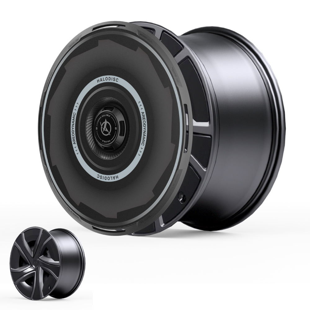 The HALODISC 2 Wheel Covers for Tesla Model X 2021-2025 (20" Perihelix Wheels) by HALOBLK Store feature a modern black design with a sleek, circular center. An inset image highlights the unique Vision-GT style from a side view.