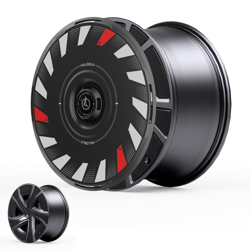 Two HALODISC 2 Wheel Covers for Tesla Model X by HALOBLK Store are shown: a larger cover with black, white, and red geometric design for 20" Perihelix Wheels, and a smaller, simple five-spoke black cover in the corner.