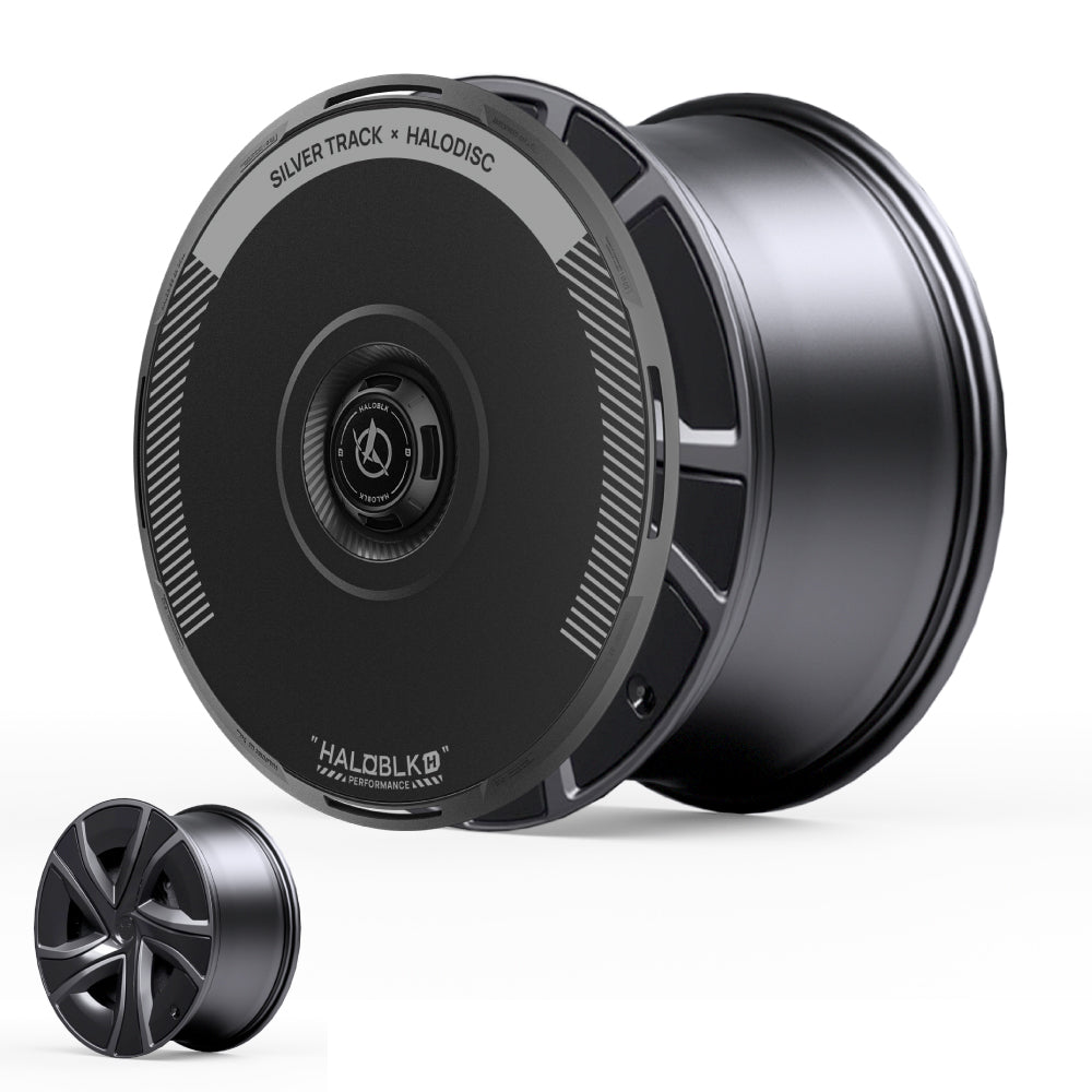 The HALODISC 2 Wheel Covers for Tesla Model X 2021-2025 (20" Perihelix Wheels, Silver Track) from HALOBLK Store feature one solid disc cover with technical patterns and text, and another with a classic five-spoke design.