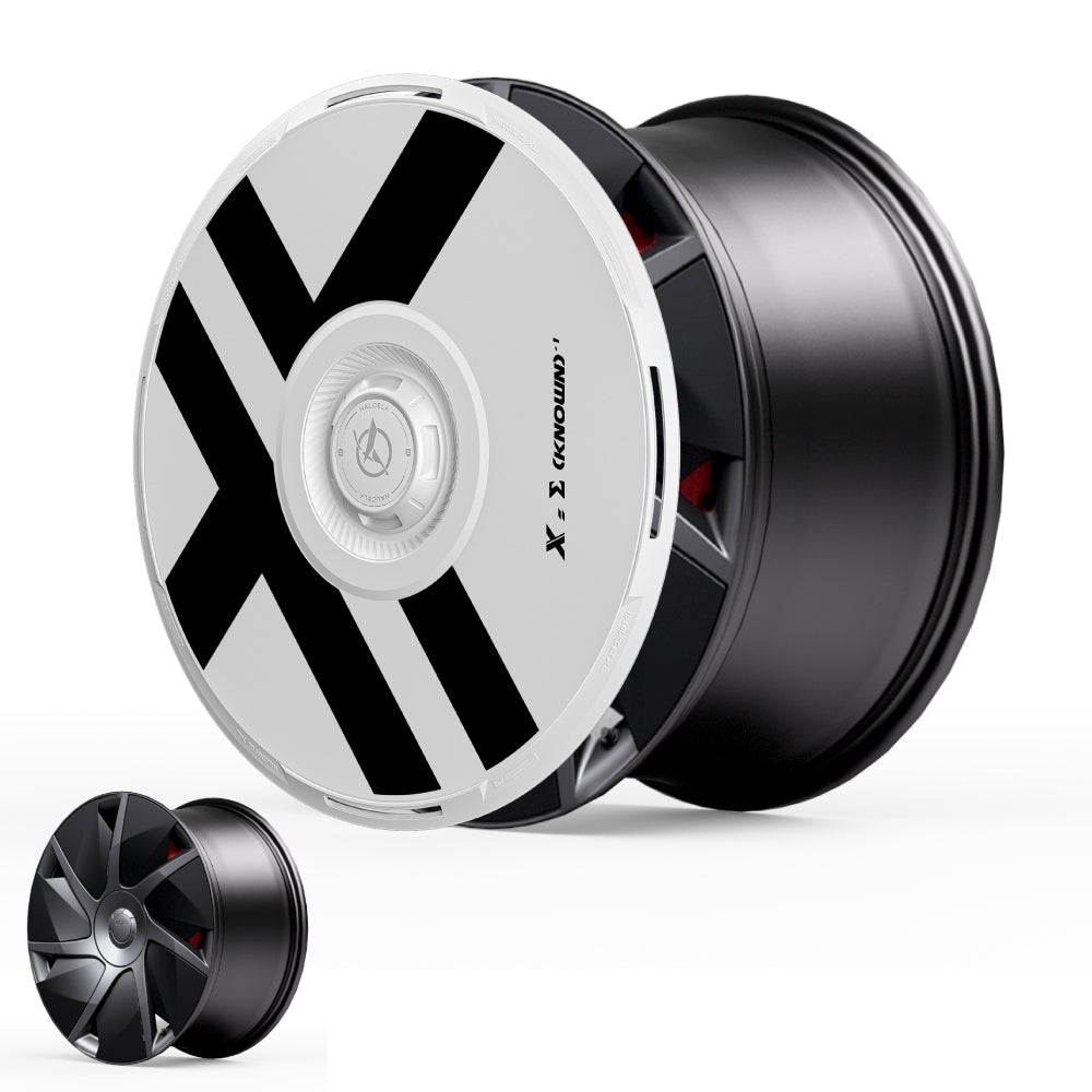 The HALODISC 2 Wheel Covers for Tesla Model S 21" Velarium Wheels by HALOBLK Store are shown: a large wheel with a striking black-and-white X design, and a smaller black star-patterned wheel, both set against a white background.