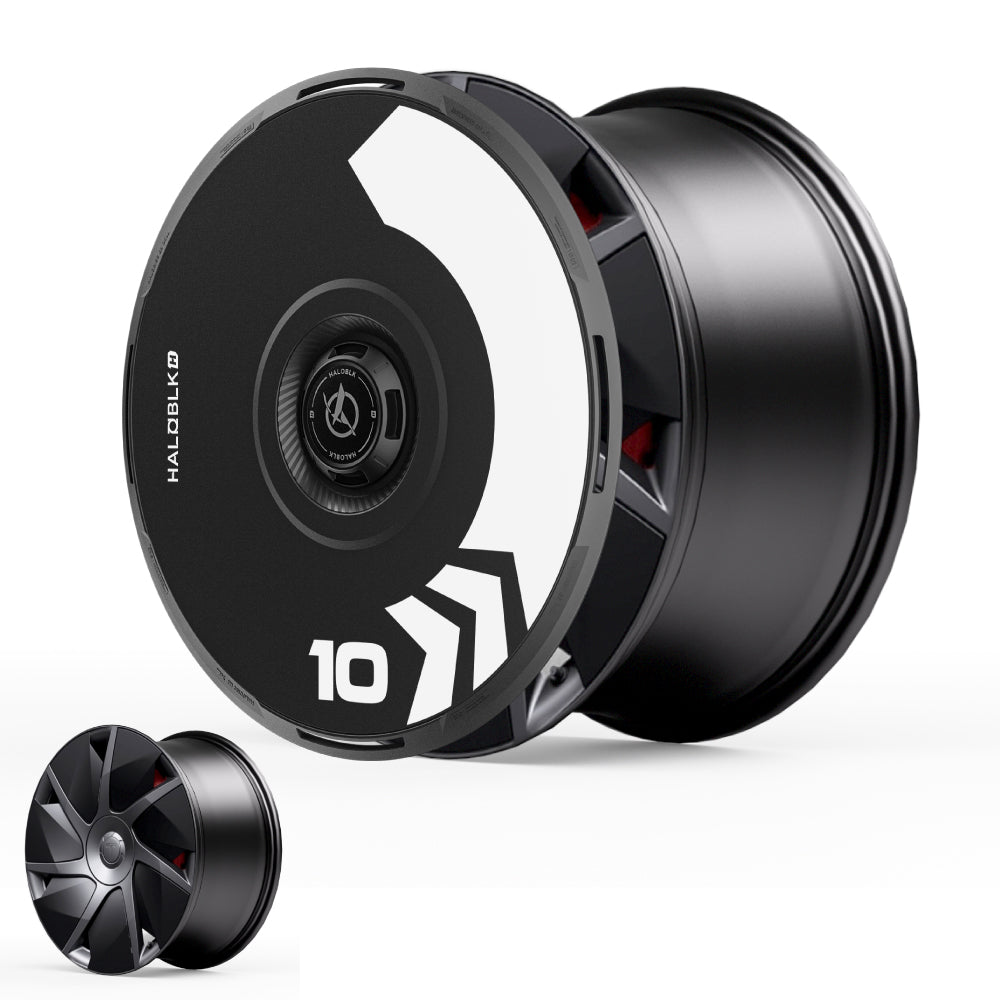 The HALODISC 2 Wheel Cover by HALOBLK Store features black and white arrow graphics with the number 10 for Tesla Model S 21" Velarium wheels; a smaller black and red wheel cover is displayed in the bottom left for comparison.