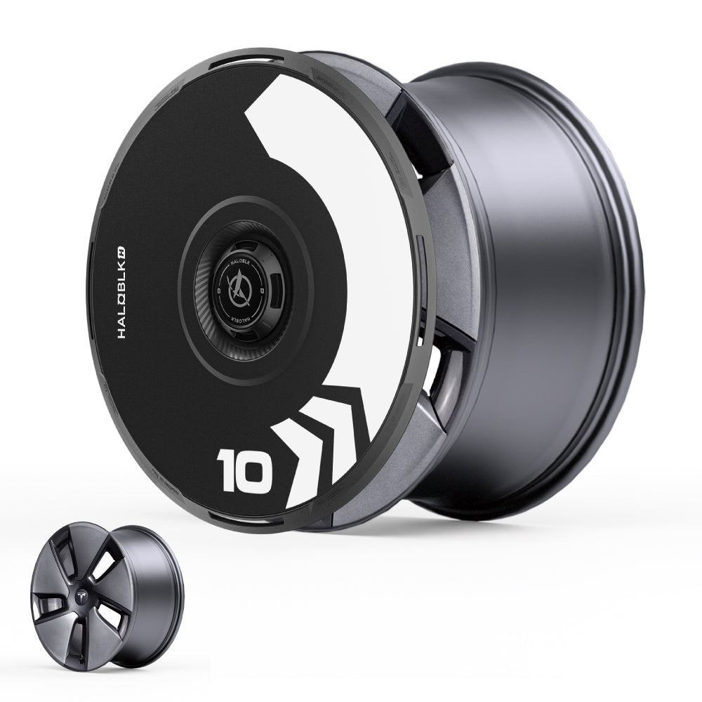 The HALODISC 2 Wheel Covers for Tesla Model 3 2017-2023 by HALOBLK Store feature a striking black and white "Arrow" design; a plain metallic rim appears in the corner for comparison.