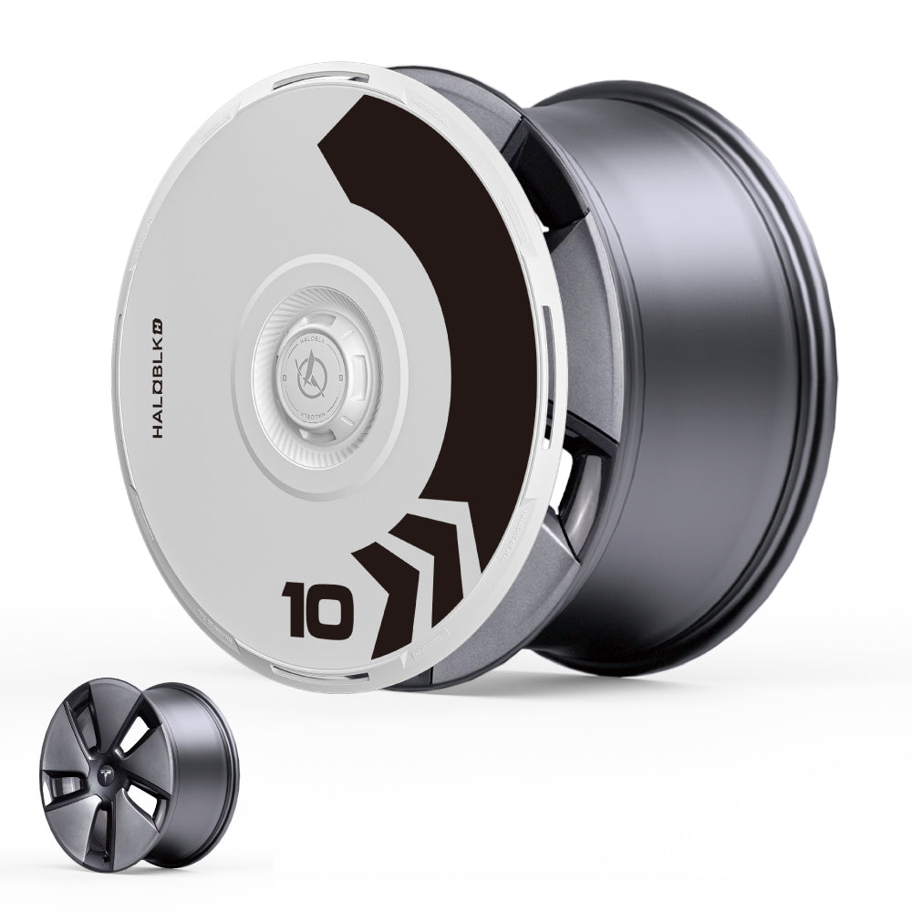 The HALODISC 2 Wheel Covers for Tesla Model 3 2017-2023 (18" Aero Wheels·Arrow) by HALOBLK Store are shown—one features a white and black angular design with the number 10, while the other is plain black.