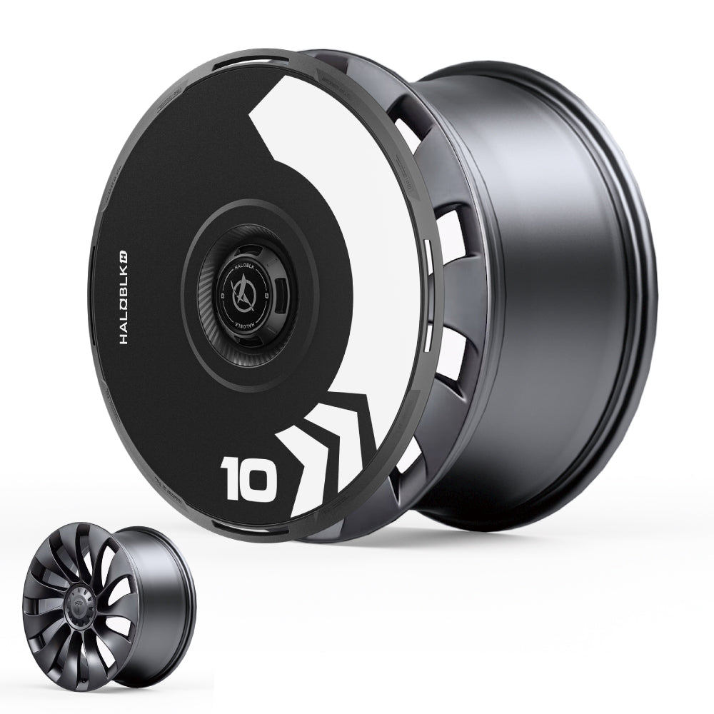 The HALOBLK Store’s HALODISC 2 Arrow Wheel Covers for Tesla Model 3 (2021-2023) 20" Überturbine Wheels feature a black and white aerodynamic design with a bold number 10; a smaller angled view appears in the bottom left corner.