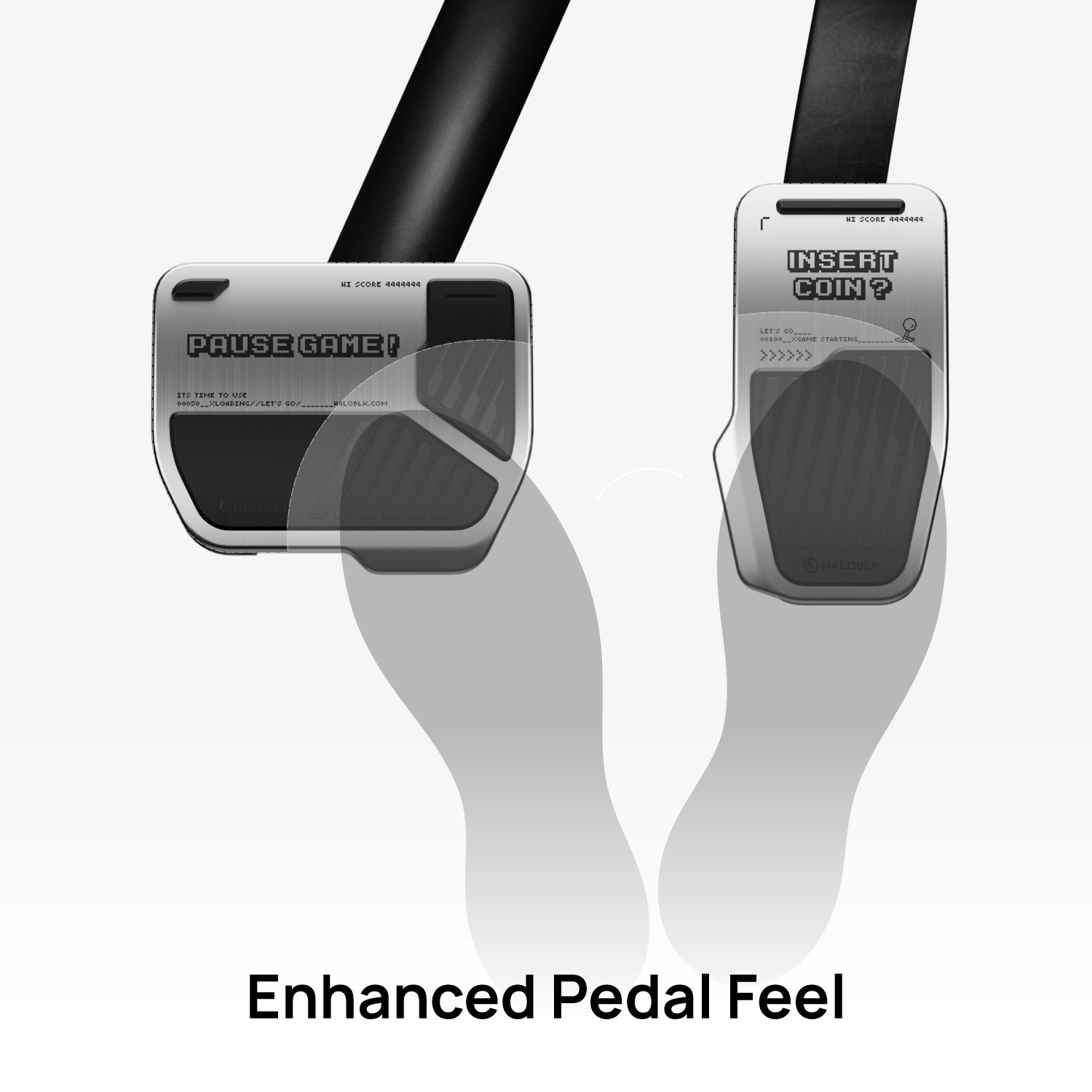 The Alloy Pedals 2 for Tesla by HALOBLK Store are shown with outlined feet: the left pedal says PAUSE GAME? and the right INSERT COIN?, with "Enhanced Pedal Feel" below. The white background highlights these ArcadeKid-themed pedals.