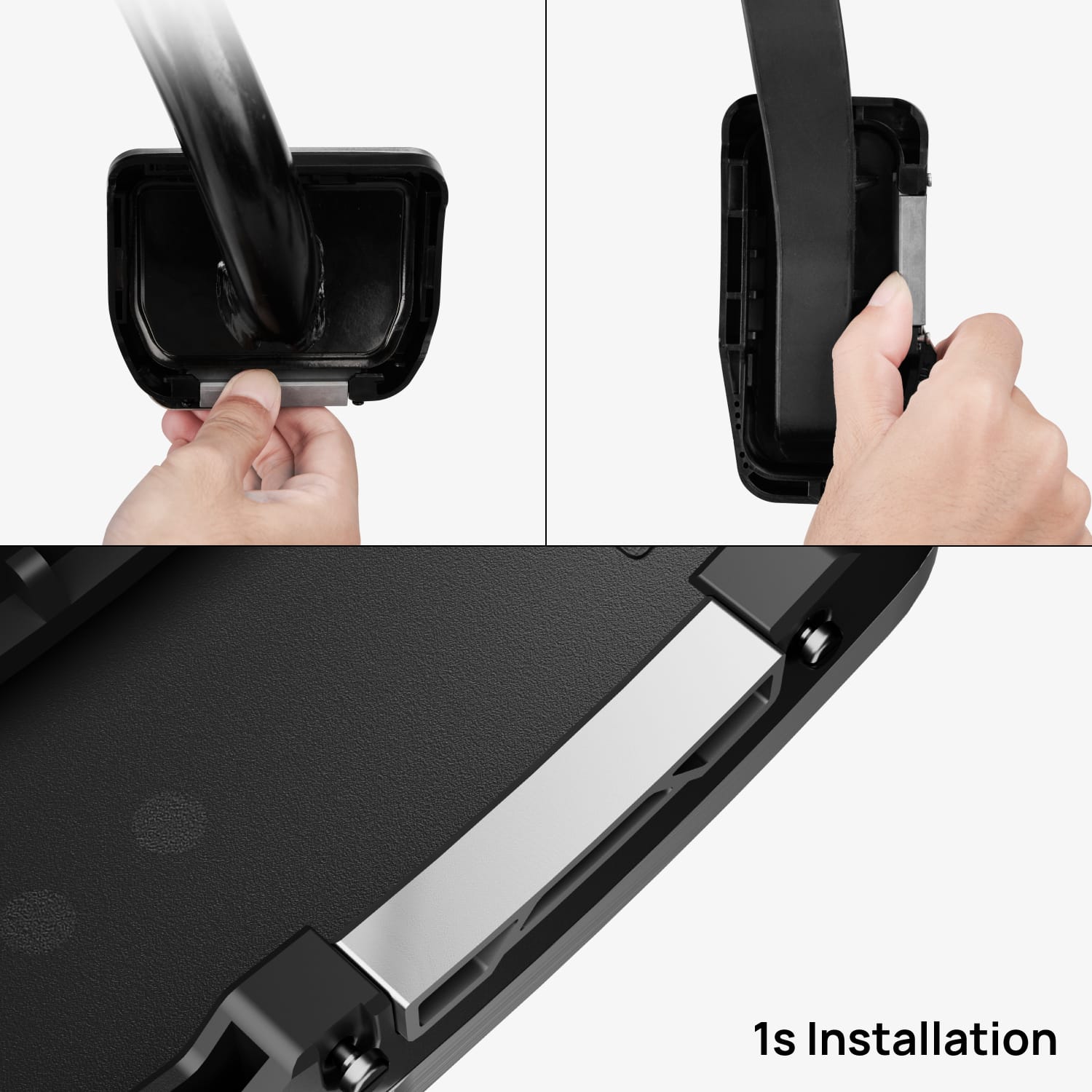 A collage shows close-ups of hands attaching and locking the HALOBLK Store Alloy Pedals 2 for Tesla with Toy Switch, with "1s Installation" text at bottom right, illustrating quick and easy assembly.