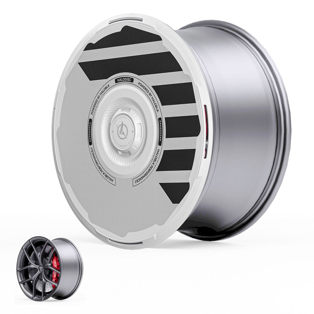 HALODISC 2 Wheel Covers for Tesla Model 3 2019-2023 19" Zero-G Wheels by HALOBLK Store, featuring a modern matte finish and unique design, shown beside a classic five-spoke rim with red brake caliper.