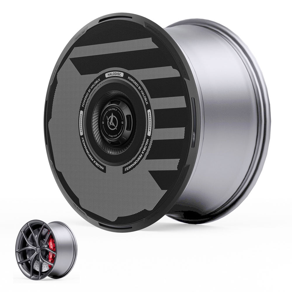 A sleek HALODISC 2 Wheel Cover from HALOBLK Store fits Tesla Model 3 2019-2023 19" Zero-G wheels, shown with a matte black aerodynamic finish and, separately, the wheel without cover exposing red brake calipers.