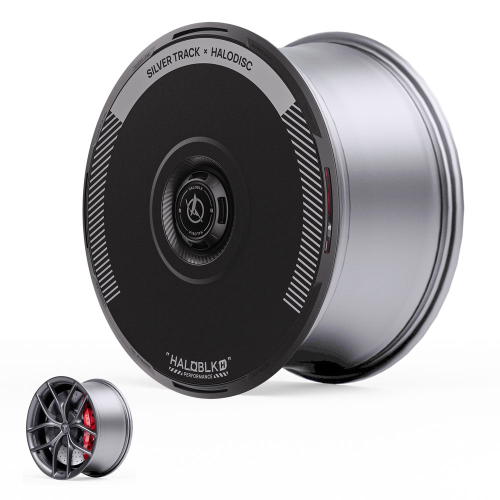 The HALODISC 2 Wheel Covers for Tesla Model 3 2019-2023 19" Zero-G Wheels by HALOBLK Store feature a large, metallic rim with a black cover labeled "SILVER TRACK x HALODISC." Inset shows the alloy spoke design without the cover.