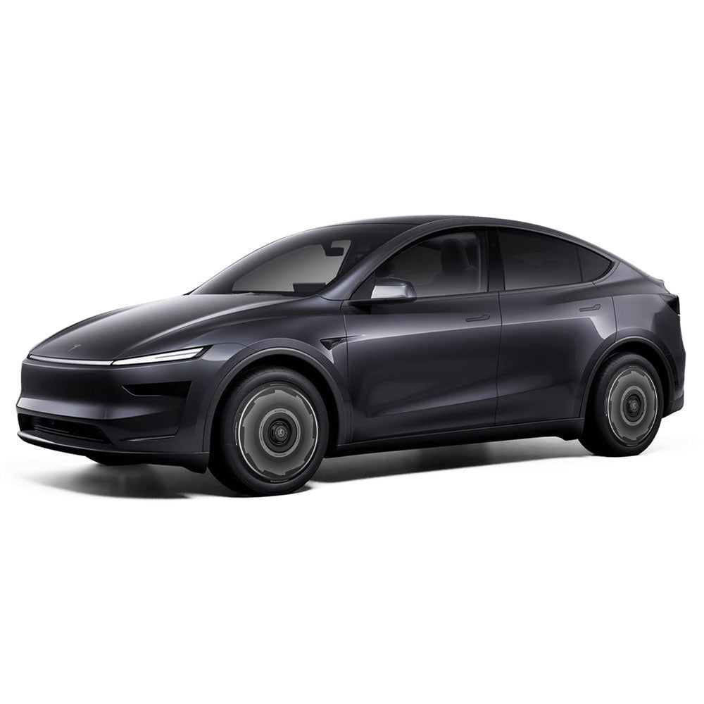HALODISC 2 Wheel Covers for Tesla Model Y Juniper 20" Helix 2.0 Wheels by HALOBLK Store, shown with a sleek, modern design on a Tesla Model Y, parked on a plain white background.