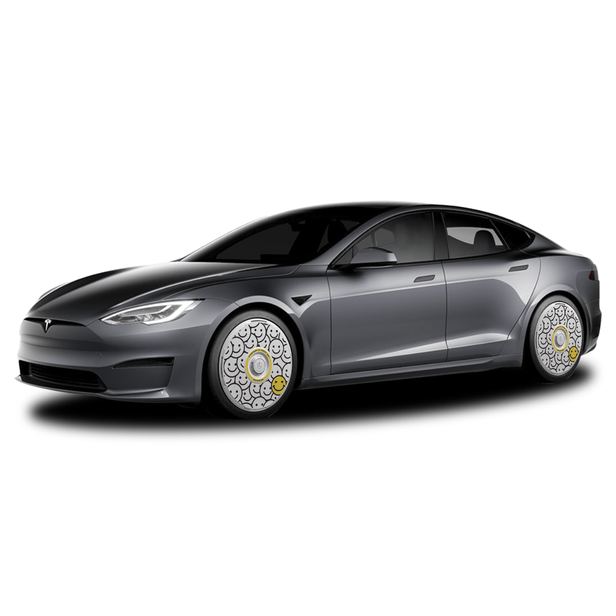The HALODISC 2 Wheel Covers for Tesla Model S 21" Arachnid Wheels by HALOBLK Store feature an ornate silver and gold design, shown on a sleek black sedan against a plain white background.