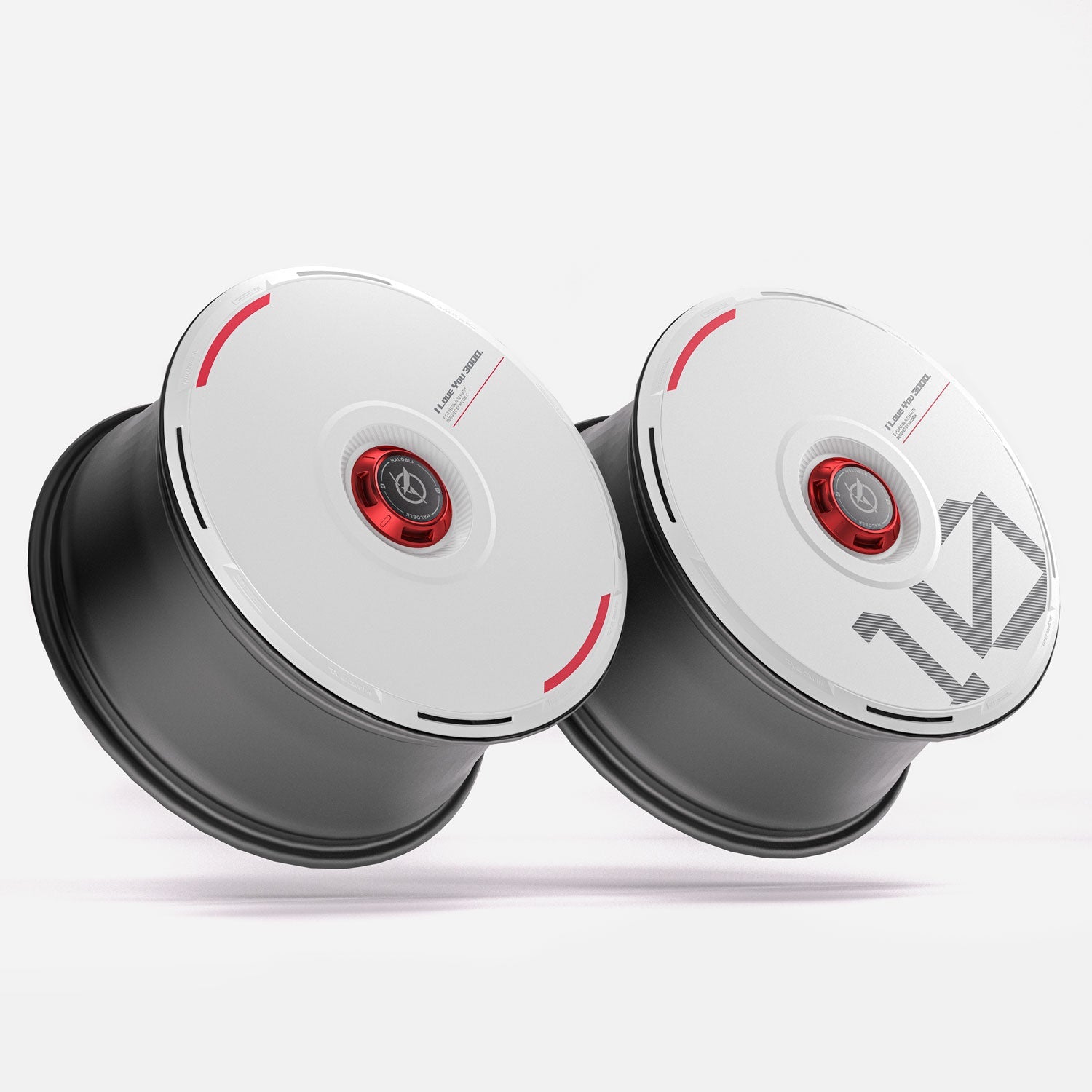 HALODISC 2 Wheel Covers for Tesla by HALOBLK Store shown in white with black and red accents, featuring geometric patterns and a glossy, futuristic disc-shaped design on a plain white background. Customizable numbers available.